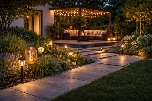 A modern backyard garden at twilight, illuminated by a variety of solar path lights, decorative accents, and string lights, creating a warm and inviting ambiance.