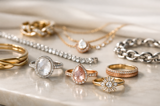 An elegant arrangement of unique jewelry pieces, including a gothic ring, a crystal necklace, and a gold Cuban      bracelet, emphasizing diverse styles and metals.