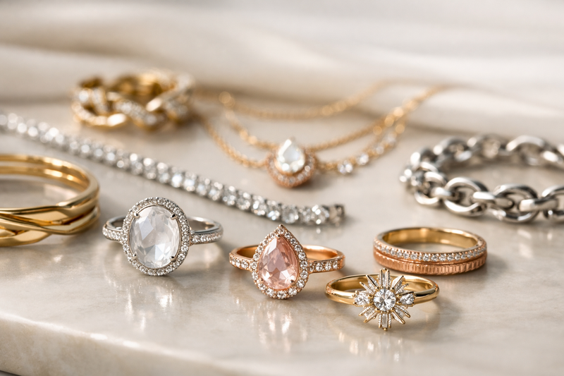 An elegant arrangement of unique jewelry pieces, including a gothic ring, a crystal necklace, and a gold Cuban      bracelet, emphasizing diverse styles and metals.