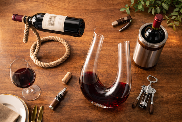 An overhead view of various elegant and unique wine accessories, including decanters and bottle holders, arranged artfull on a wooden table.