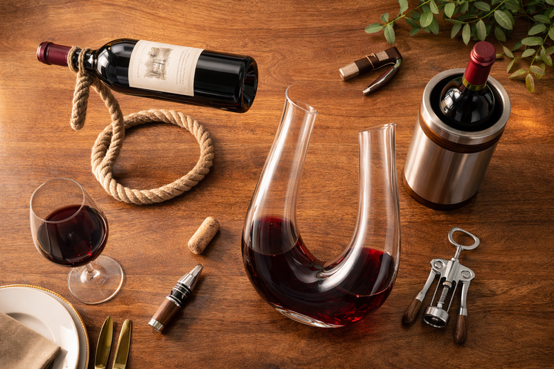 An overhead view of various elegant and unique wine accessories, including decanters and bottle holders, arranged artfull on a wooden table.