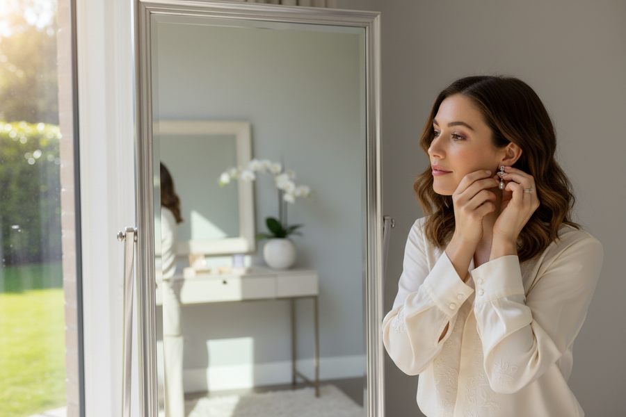 a woman looking outside the house wile putting an earing on. 