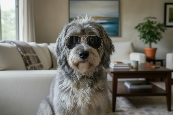 Dog with sun glasses in a house.