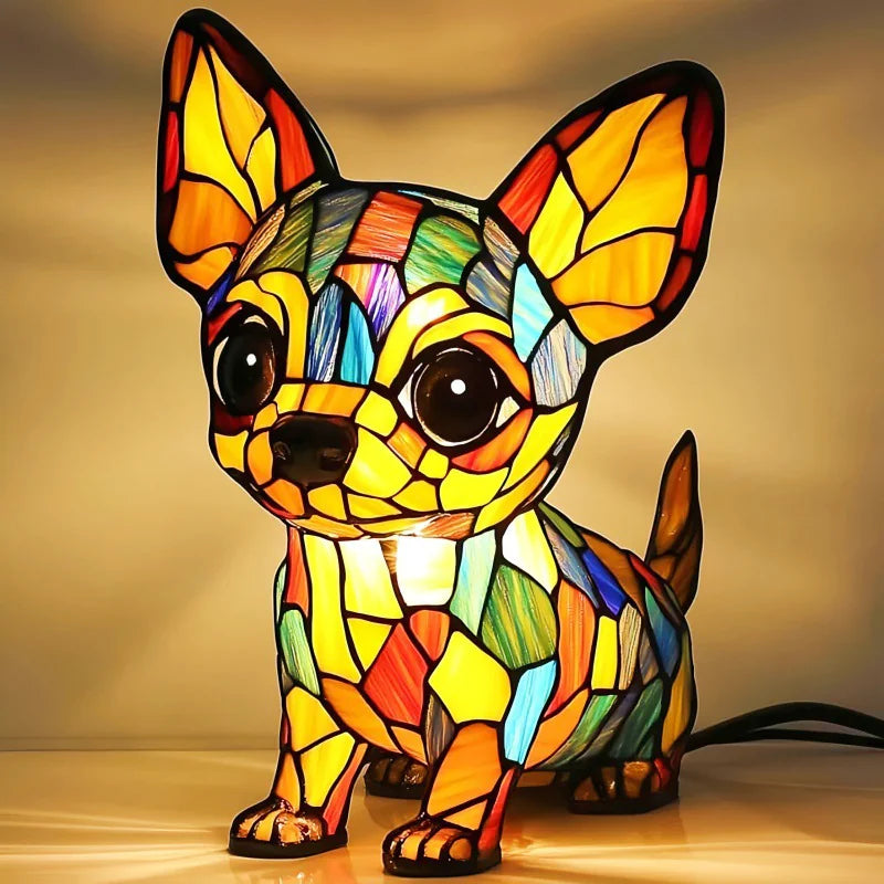 Table Top Cat and Dog Stained Glass LED Lamp
